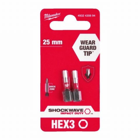 Milwaukee 4932430894  Hex3 x 25mm ScrewBits SHOCKWAVE – 2 pieces