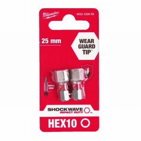 Milwaukee 4932430899 Hex10 25mm SHOCKWAVE ScrewBits – 2 pieces