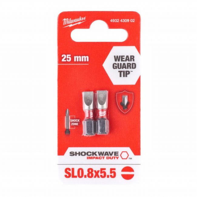 Milwaukee 4932430902 SL0.8x5.5 25mm SHOCKWAVE ScrewBits - 2pc