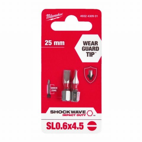 Milwaukee 4932430901 SL0.6×4.5 25mm SHOCKWAVE ScrewBits -2 piece