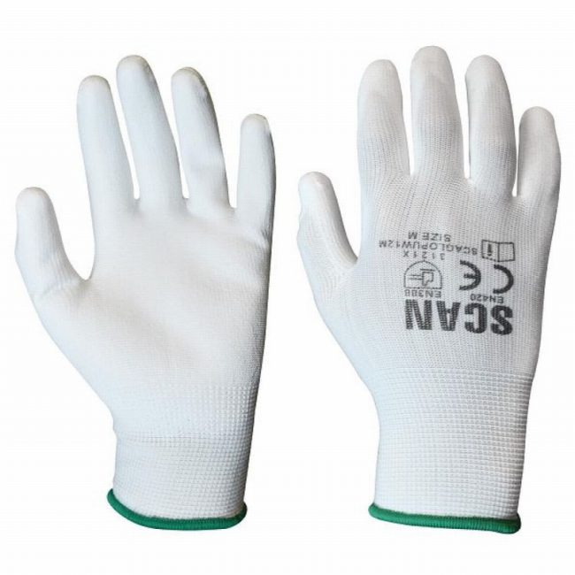 Scan SCAGLOPUW12L  Large (Size 9) White PU Coated Gloves
