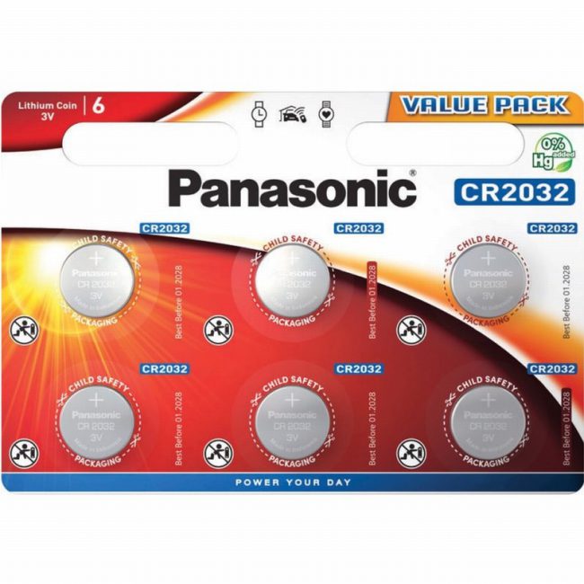 Panasonic CR2032  3V Lithium Coin Battery - Pack of 6