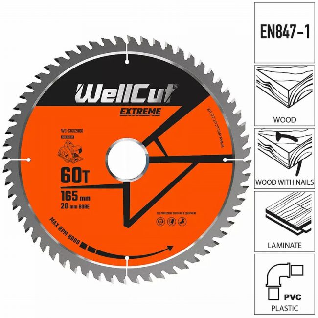 WellCut WC-C1652060 165mm x 20mm 60T Extreme Circular Saw Blade