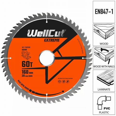 WellCut WC-F1602060 160mm x 20mm  Circular Saw Plunge Saw Blade