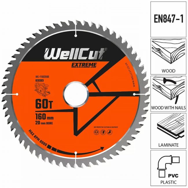 WellCut WC-F1602060 160mm x 20mm  Circular Saw Plunge Saw Blade