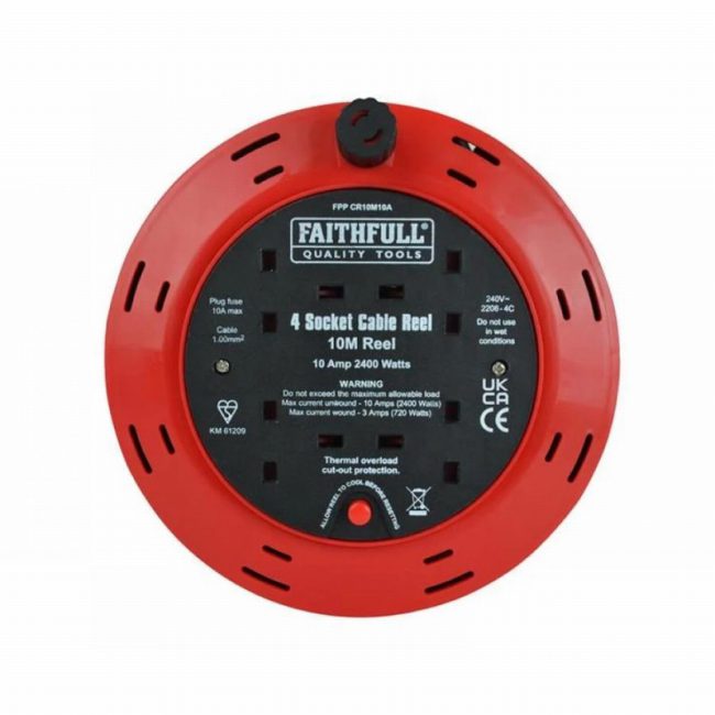 Faithfull FPPCR10M10A 240V 10m 10A 4-Socket Cable Reel - Image 3