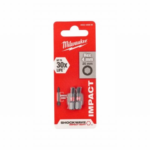 Milwaukee 4932430895 Hex4 25mm SHOCKWAVE Screw Bits – Pack of 2