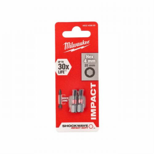 Milwaukee 4932430895 Hex4 25mm SHOCKWAVE Screw Bits – Pack of 2