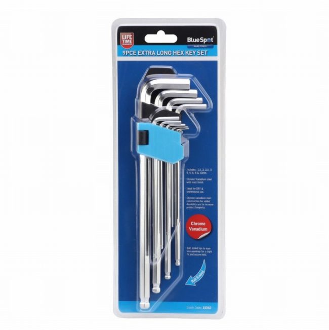 BlueSpot 15362 Extra-Long Ball End Hex Key Set (1.5-10mm) - 9pc