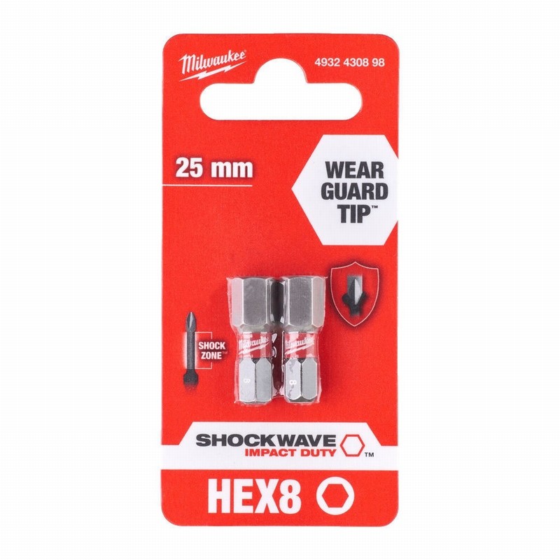 Milwaukee 4932430898 Hex8 x 25mm SHOCKWAVE ScrewBits - 2 pieces