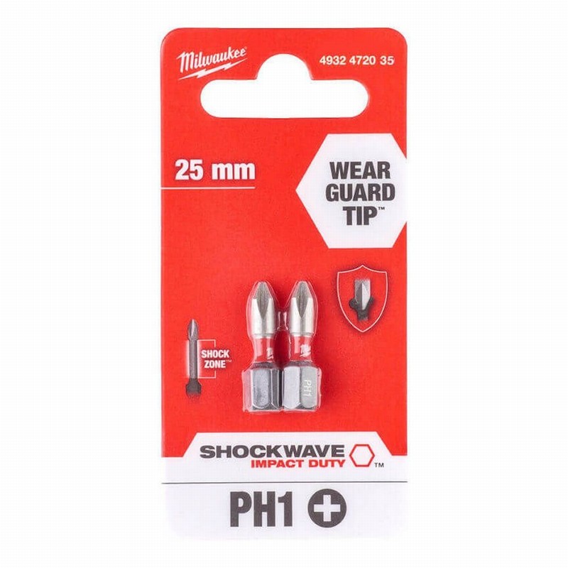 Milwaukee 4932472035 PH1x25mm SHOCKWAVE Impact Duty Bits - 2pc