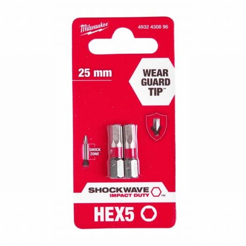 Milwaukee 4932430896 HEX5 25mm SHOCKWAVE Screw Bits – Pack of 2