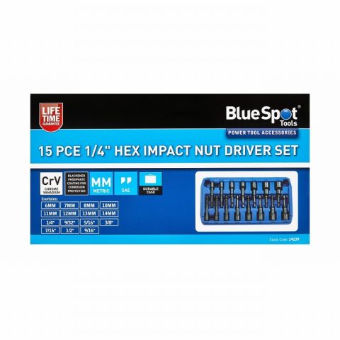 Blue Spot 14139 1/4″ Hex Impact Nut Driver Set – 15 Piece