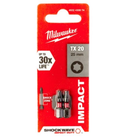 Milwaukee 4932430874 TX20 25mm Shockwave Impact ScrewBits – 2pc