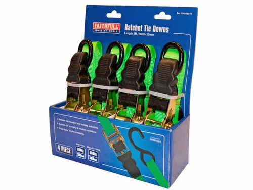 Faithfull Ratchet Tie-Downs 5m x 25mm Green 4 Piece