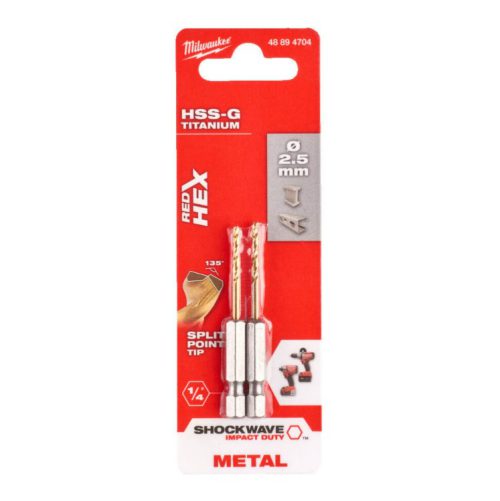 Milwaukee Red Hex 2.5mm Shockwave HSS TiN Metal Drill Bits – 2PK