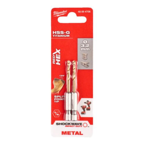 Milwaukee 48894706 3.2mm Shockwave HSS TiN Metal Drill Bits -2pc