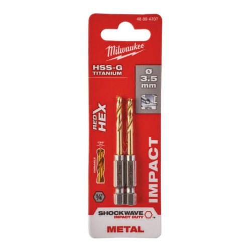 Milwaukee Red Hex 3.5mm Shockwave HSS TiN Metal Drill Bits – 2pk