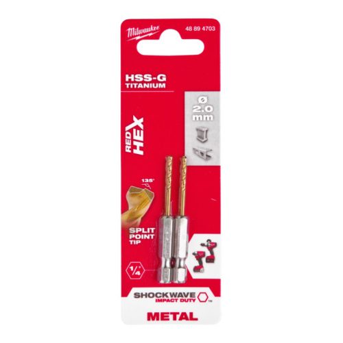 Milwaukee Red Hex 2mm Shockwave HSS TiN Metal Drill Bits – 2pk