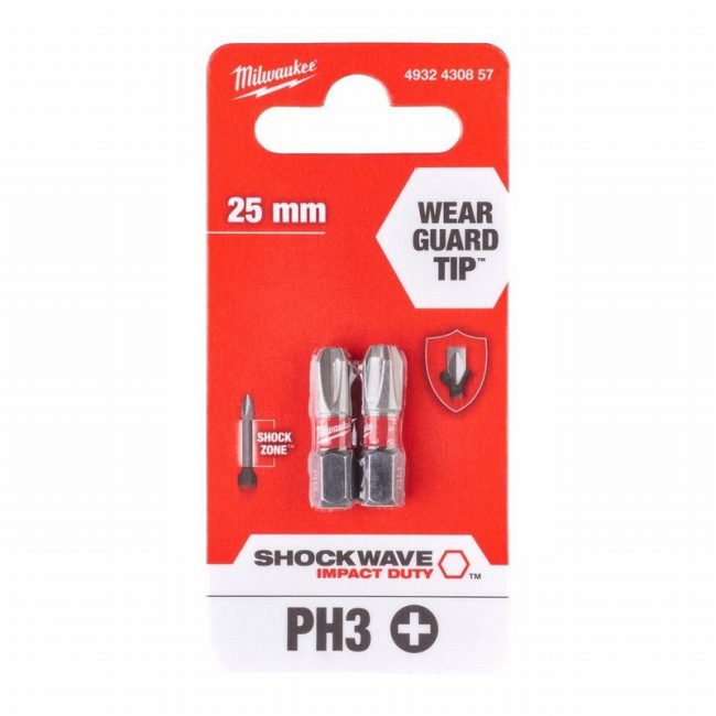 Milwaukee 4932430857 PH3 25mm Shockwave Screw Bits - Pack of 2