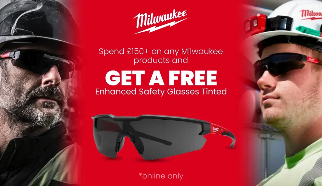 Spend £150+ on any Milwaukee products and GET A FREE Milwaukee Enhanced Safety Glasses Tinted!